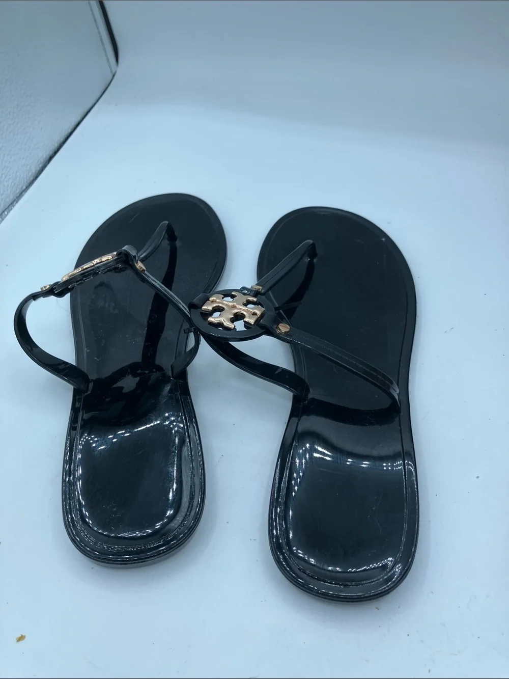 Tory Burch Black Patent Jelly Thong Sandals with Gold Logo